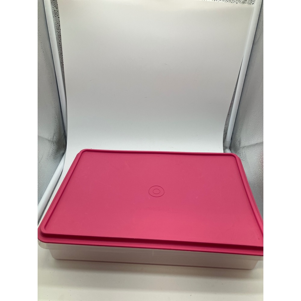 Tupperware Large Rectangular Storage Container Clear Base Pink Lid 12.5x9.5x2.25